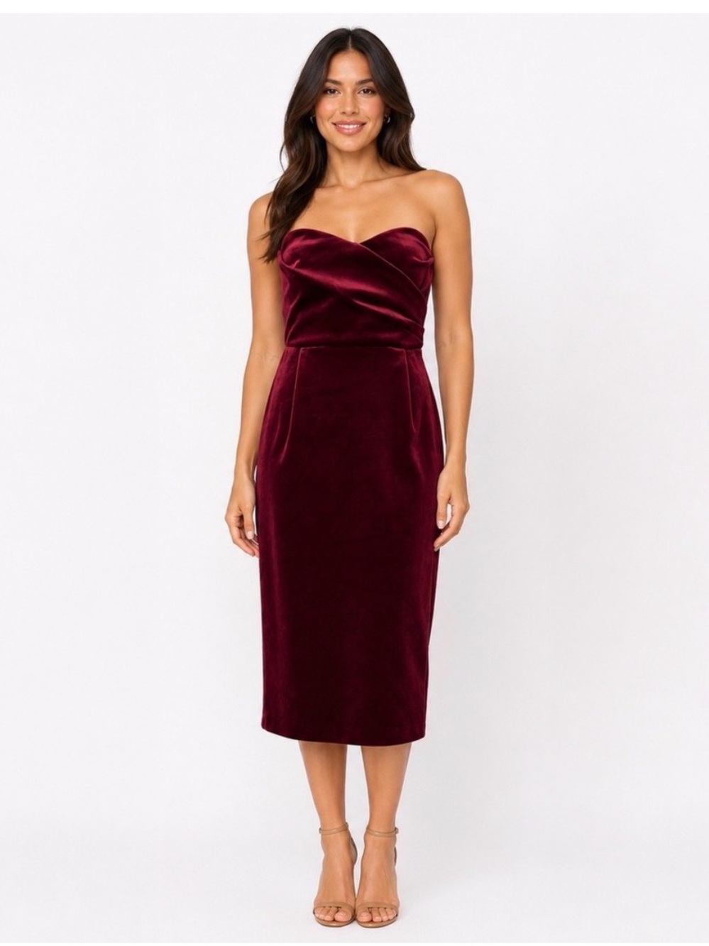 Express Strapless Velvet Midi Dress in Burgundy